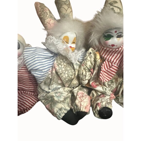 Vintage Clown & Rabbit Doll Set Handmade Fabric Porcelain Faces sand filled vtg - Picture 3 of 8